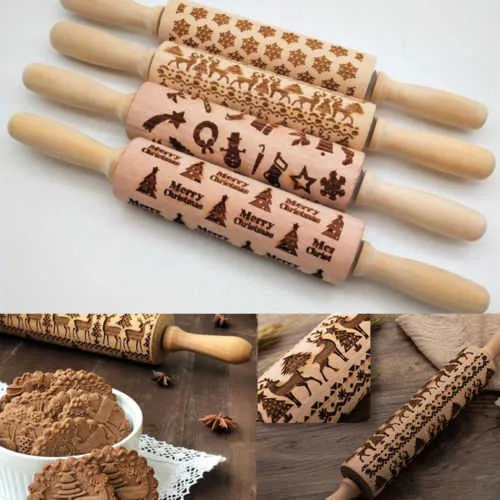 Kerst Ontwerp Houten Rolling Pins Gegraveerde Embossing Roller voor Cookies Noodle Biscuit Cake Fondant Bakvormen Rolling Pin 211008