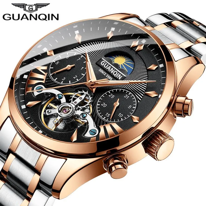 Waterproof 50M Black Rose Gold Tourbillon Automatic Mechanical Watch Men Stainless Steel Clock Male Watches 2021 Wristwatches