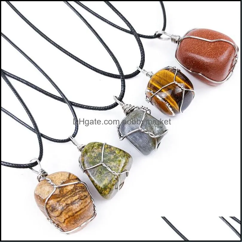 Irregular Natural Tumbled Stones Pendant Alloy wire Winding Jasper Tiger Eye Labradorite Healing Crystal Gem DIY Necklace