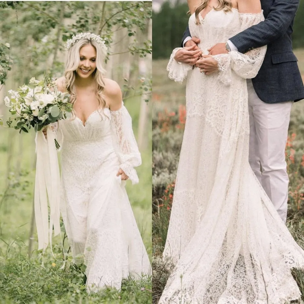 Robes de mariée de campagne en dentelle Robe nuptiale de l'épaule manches longues Sweep Train Chérie décolleté enlacée