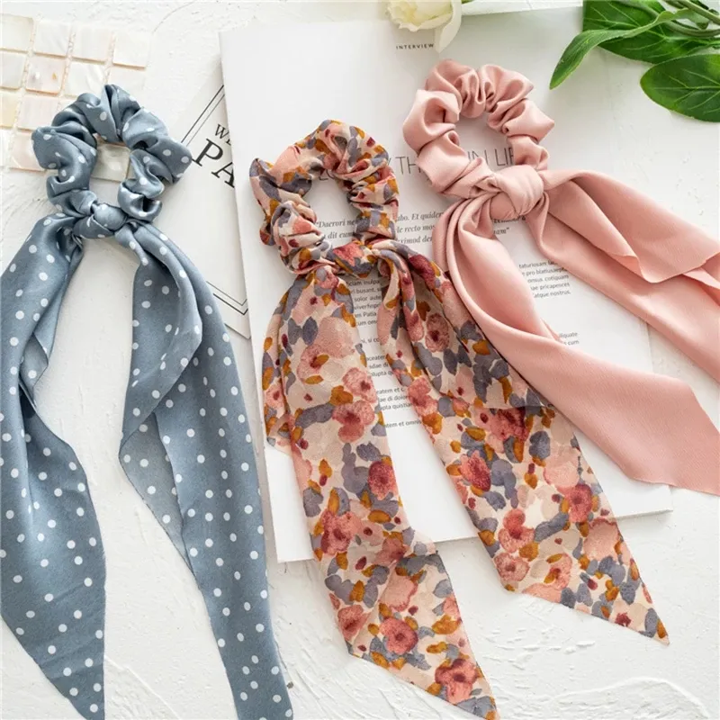 Flowers Long Ribbon Elastic Hair Bands Dot Floral Print Hair Ties Rope Ponytail Hair Rope Removeable Scarf Scrunchies Headwear