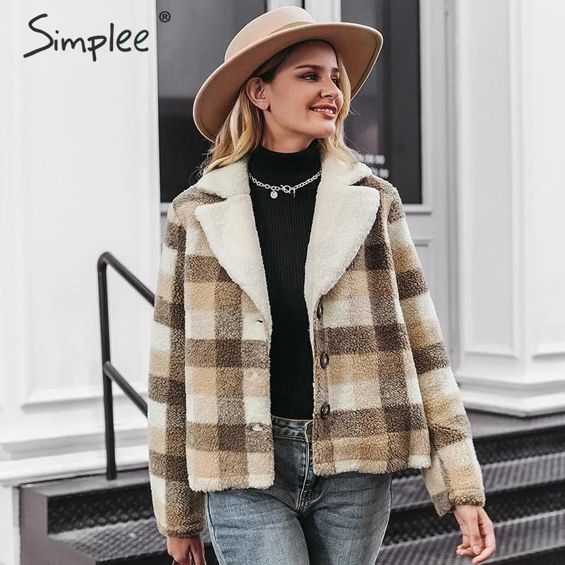 Mode Plaid Kvinnor Faux Fur Coat Knappar Fickor Soft Office Ladies Warm Coats Höst Vinter Kvinna Kort Jackor 210414