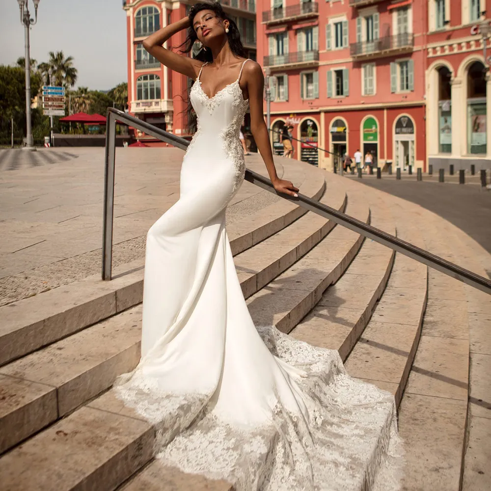 Sexy V-neck Mermaid Satin Wedding Gown With Train And Deep V-back - June  Bridals