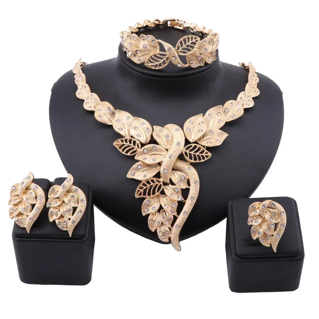 African Dubai Gold Jewelry Nigerian Crystal Necklace Bangle Earrings Ring Women Italian Bridal Jewellry Sets Wedding Accessories