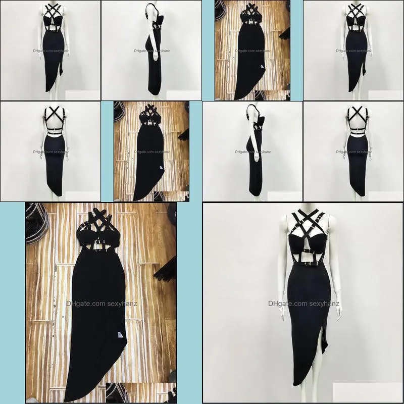 Casual Dresses High Quality Black Open Fork Keyhole Rayon Bandage Dress Evening Party Elegant