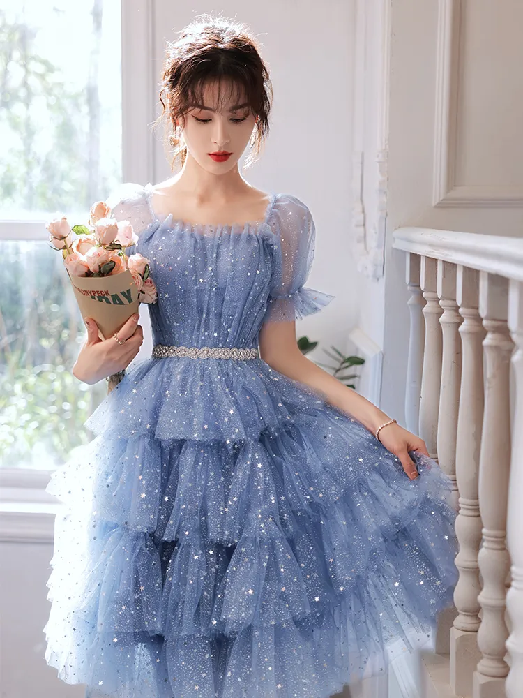 Fairy Blue Prom Dress Tulle Party Cocktail Gowns Scoop Short Sleeves