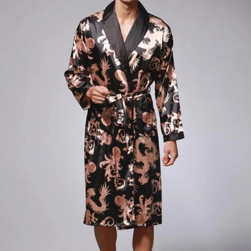 Plus Size Men's Sleepwear Roupão Roupão De Silk Kimono Manga Longa Robes Ressalto Print Pijamas Homens Night Peignoir Homme