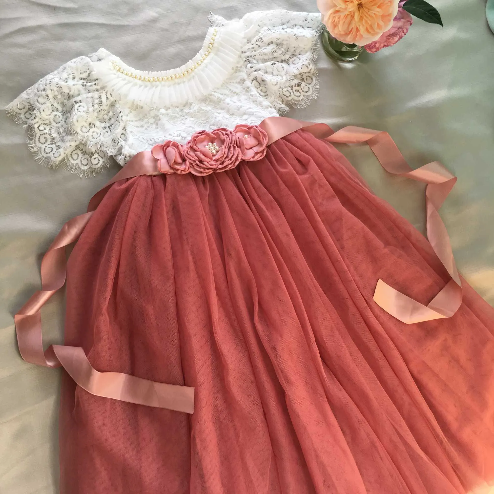 Meninas Lolita Lace Vestido Longo Para Crianças Reta Tule Princesa Vestido Sashes Flores Da Roupa de Casamento dos Adolescentes 210529