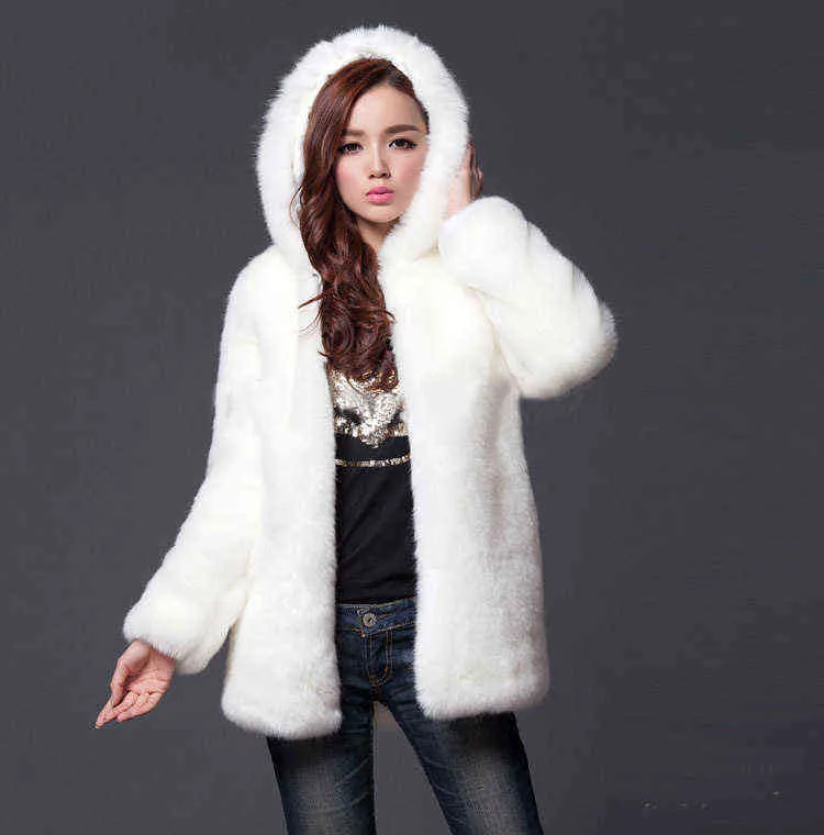 Damesbont Imitatie Konijn Haar Hooded Jas Middle Long Rex Rabbit Haar Haining Mink 2111207