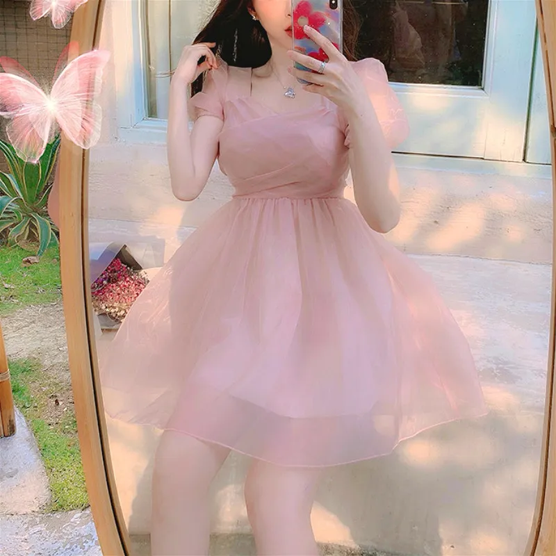 Fairy Dress Women Lace Puff Sleeve Mini Dress Pink... From Mu02, $53.45 In  Bulk