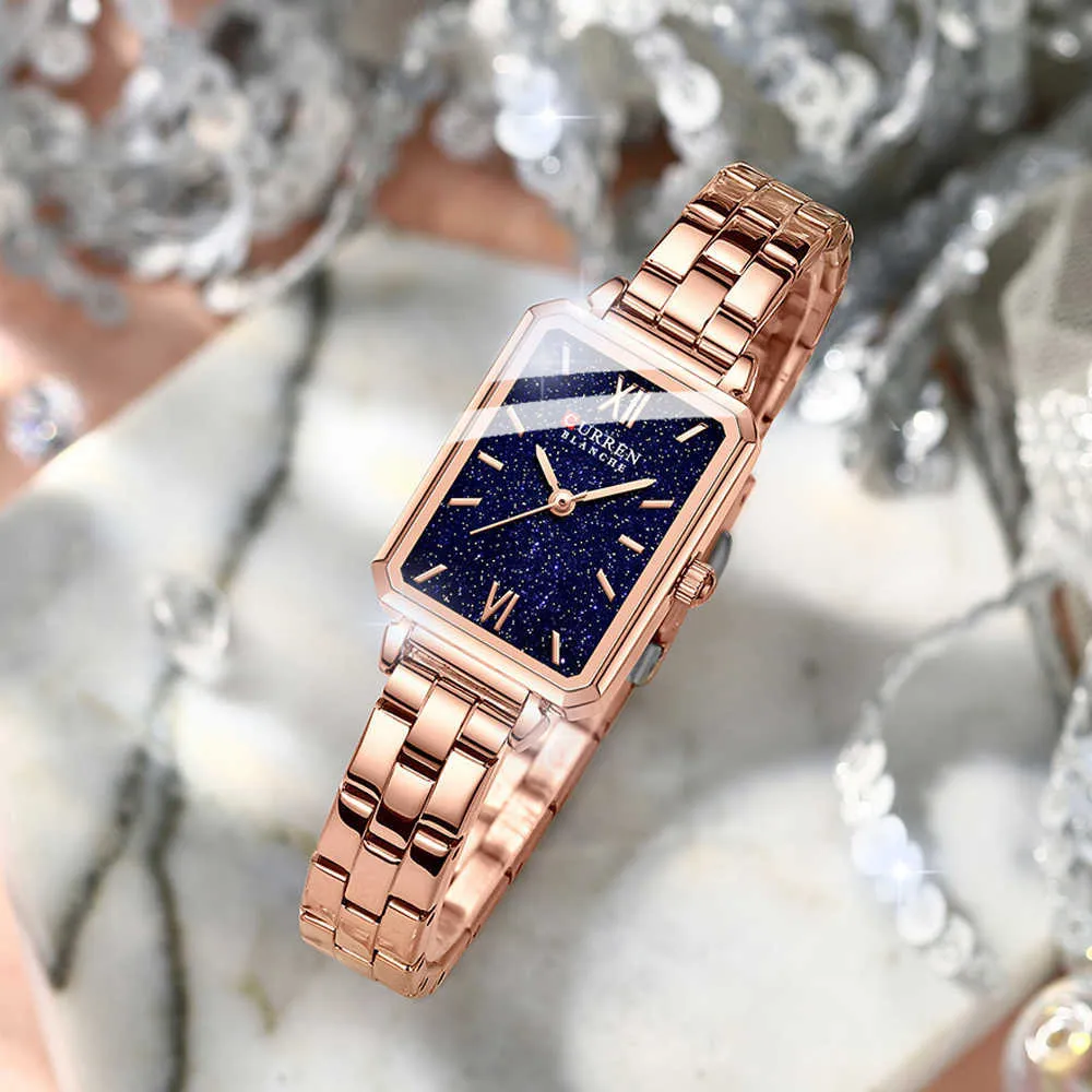 Curren Branded Women's Watches Luxury Quartz Rostfritt Stål Klocka för Ladies Enkel Tunn Kvinna Armbandsur med Starry Sky Ring Q0524