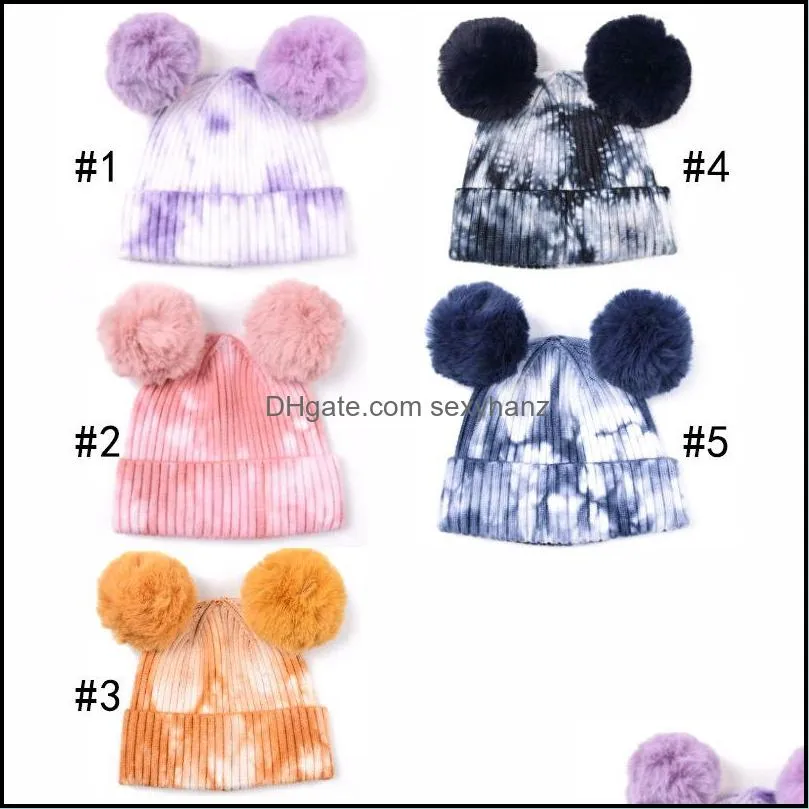 Cute Soft Warm Knitted Hat 2 Pom Pom Winter Hats Outdoor Ski Bike Rib Knit Beanie Girls Tie Dye Beanie GWF12178