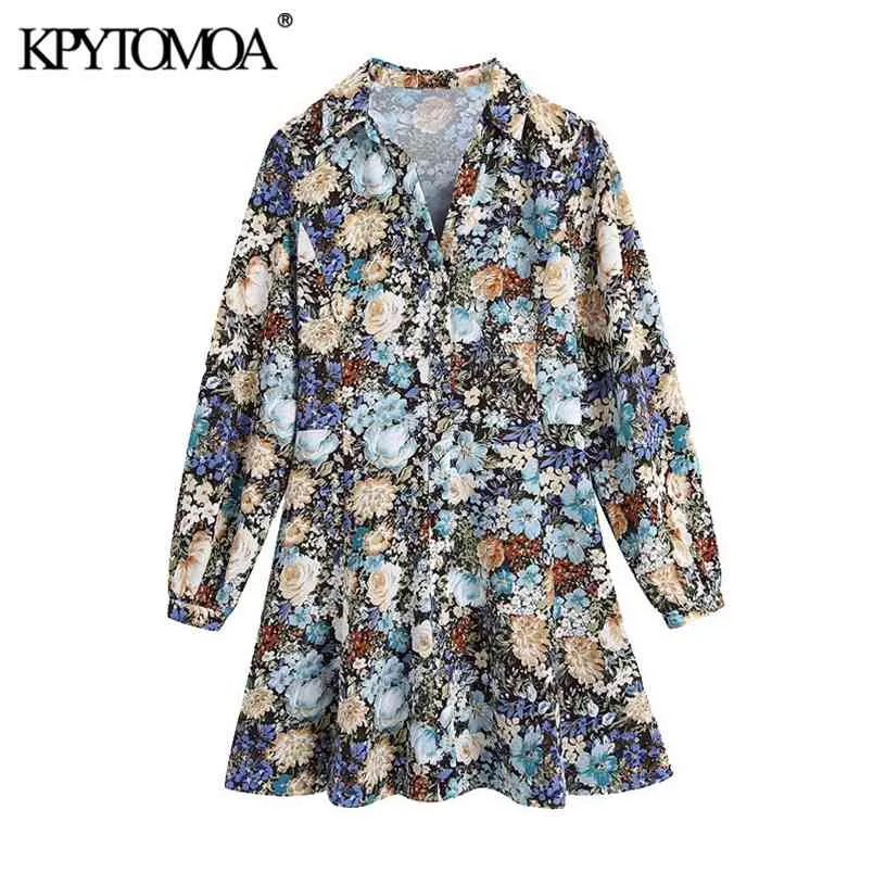 Kvinnor Chic Fashion Floral Print Mini Dress Långärmad Button-Up Kvinna Klänningar Vestidos Mujer 210420