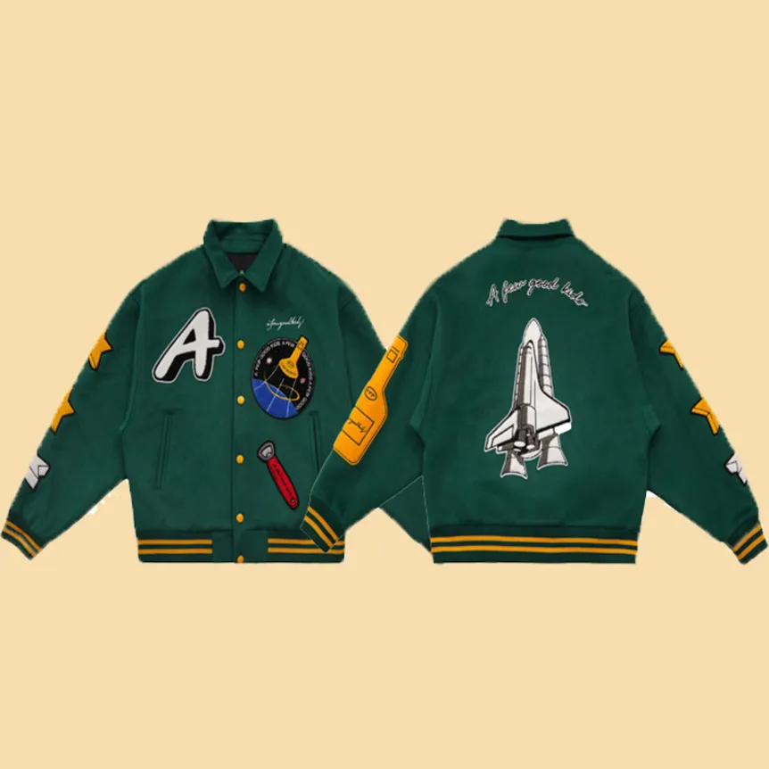 Green Embroidered men's wool baseball jacket for Men - High 