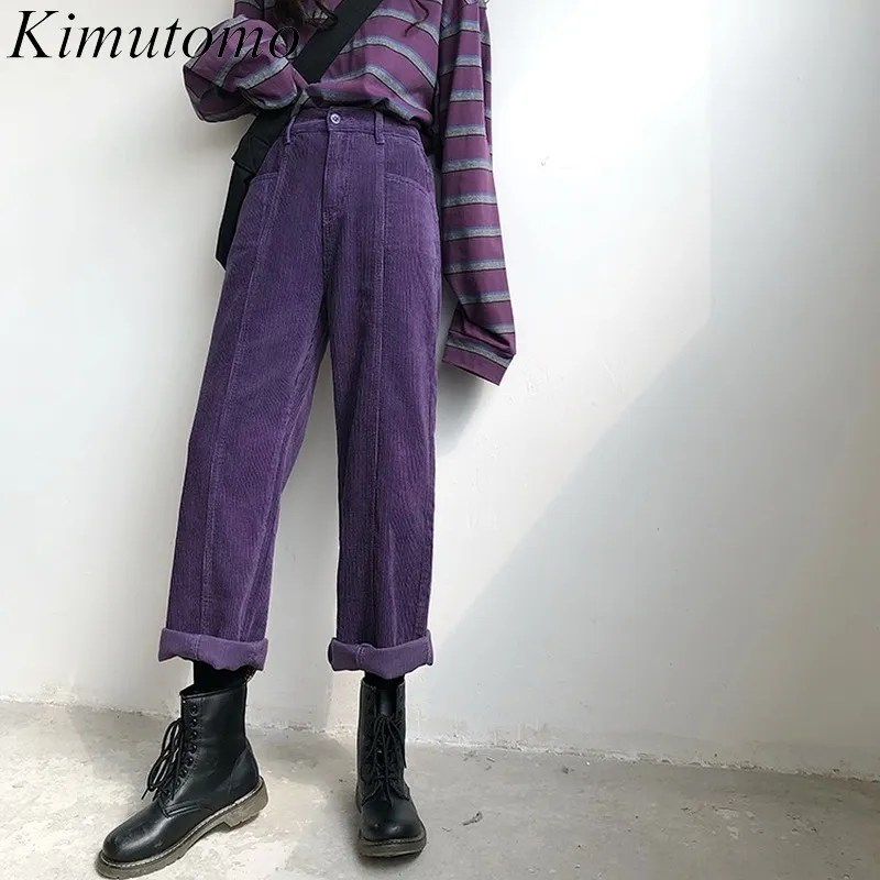 Kimutomo vrouwen vintage corduroy broek hong kong stijl lente herfst vrouwelijke hoge taille solide chique brede beenbroeken 210521