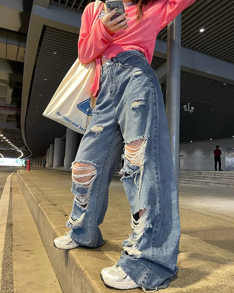 Primavera Y Otoño Jeans Rotos De Mujer Cintura Alta Pantalones Pierna Ancha Y2K Street De 25,7 € | DHgate