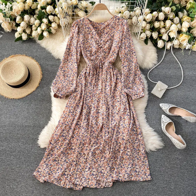 Singreiny Bohemian Floral Robe Femmes Puff Manches Ruchées Col V Robes A-Line Automne Français Rétro Imprimer Vacances Midi Longue Robe 210419