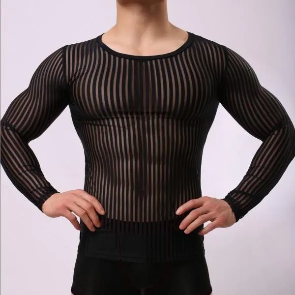 Men's Body Shapers Men 's Transparent Mesh Long Sleeve Tops Sexy Gay Clothing Gauze Shirts Black White Man Clothes Striped See Through Under