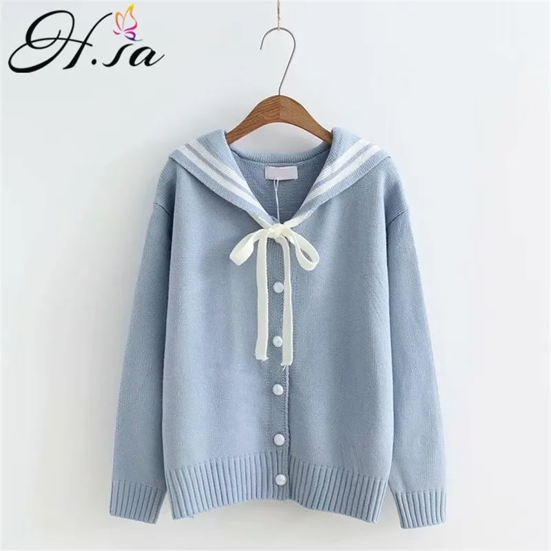 H.SA Women and England Style Button Up Bow Knit Jacket Casual Blye Cardigans Spring Outwear Sweater Tops 210417