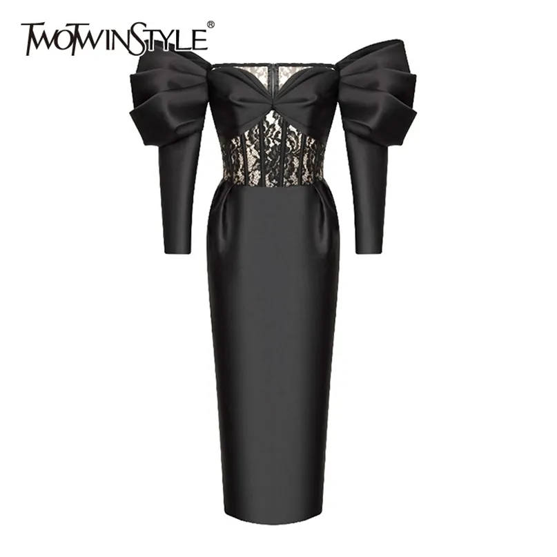 Черное пэчворк кружева платье для женских косой шеи слойки с длинным рукавом высокая талия стройные платья MIDI женские мода 210520