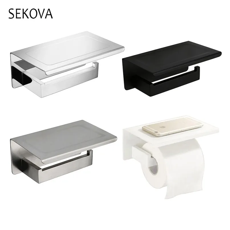 White &Mirror Chrome Polished Black Brushed Stainless Steel Toilet Paper Holder Top Place Things Platform 4 Choices 210720