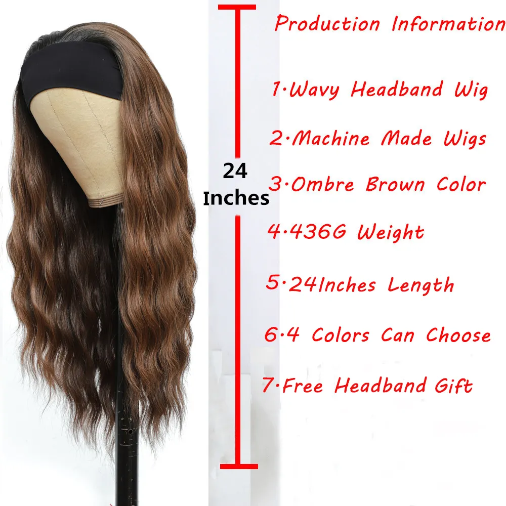 Lång Wavy Headband-peruk för svarta kvinnor syntetisk fullmaskin gjorda peruker ombre brun färg hår peruk med huvudband Fake peruk för svart kvinnor syntetisk full maskin gjord