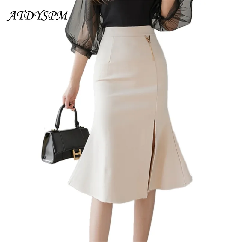 Atdyspm vrouwen rokken plus size hoge taille s elegante ruches split midi rok voor stretch casual office 210629