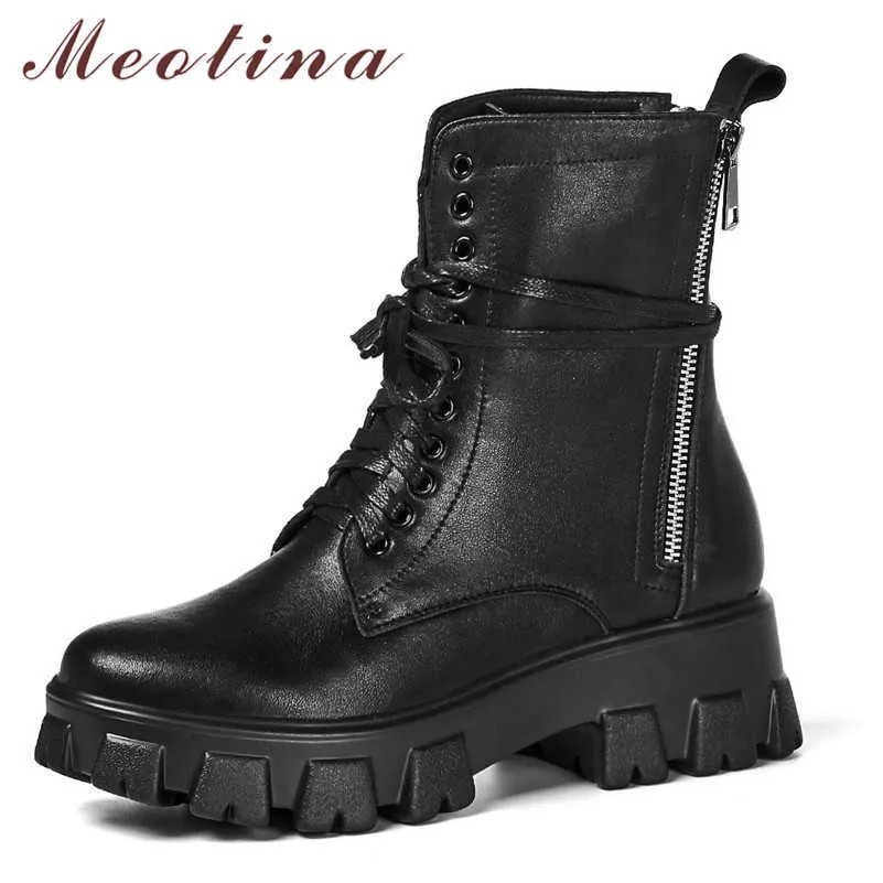 Meotina Motorcycle Boots Women Shoes Real Leather Platform High Heel Ankle Boots Lace Up Zip Thick Heels Short Boots Female 40 210608