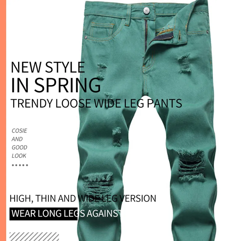 High Quality new Mens Jeans Straight tube loose green Trousers Casual Fashion