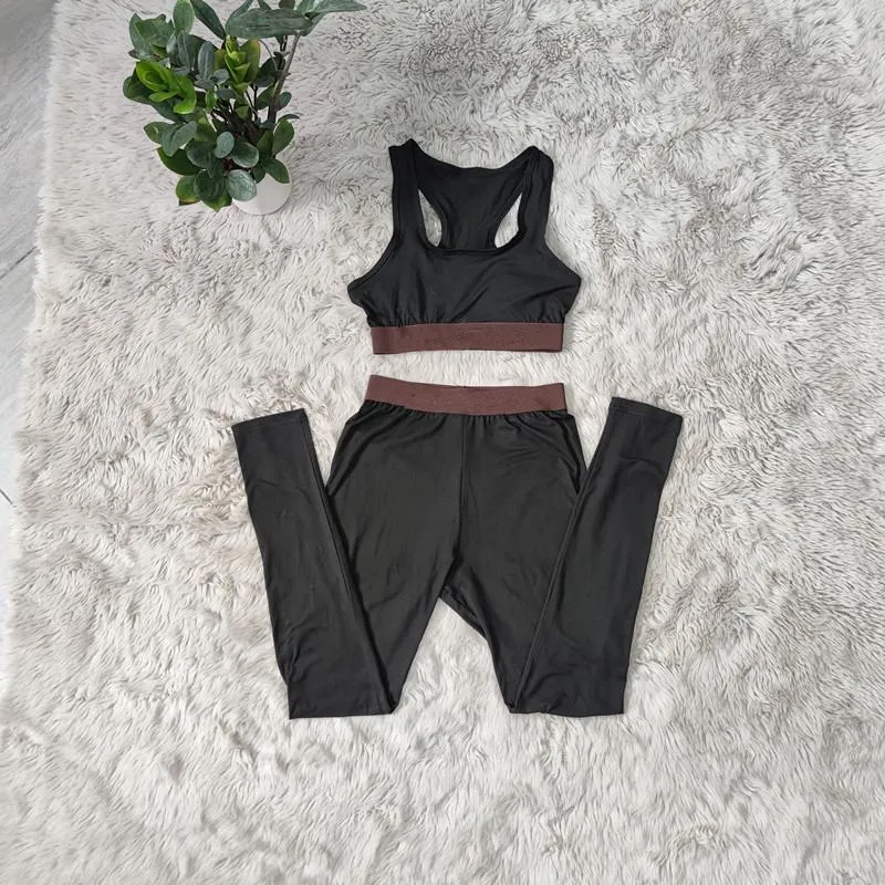 Moda para mujer Pantalones de dos piezas Conjunto activo Cintura alta para mujer Camiseta corta sin mangas y leggings Deportes Trajes de yoga Trajes de playa informales Ropa Talla S-2Xl