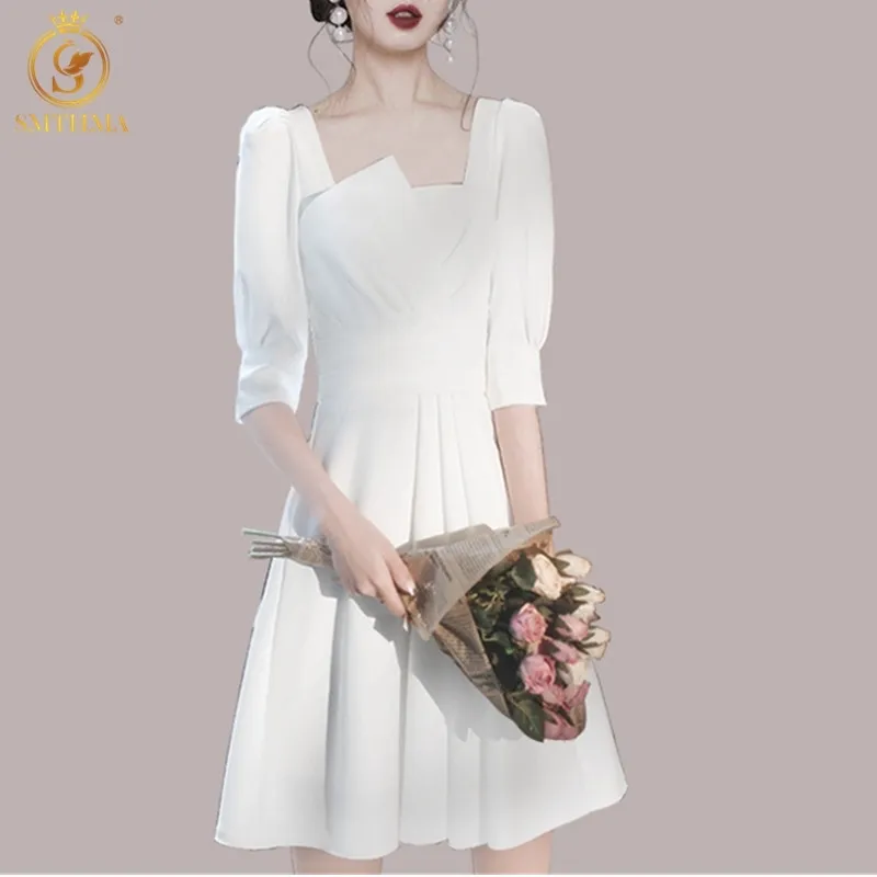 Women Summer Dress Fashion White Elegant Half Sleeve Party Casual Solid Vestidos 210520