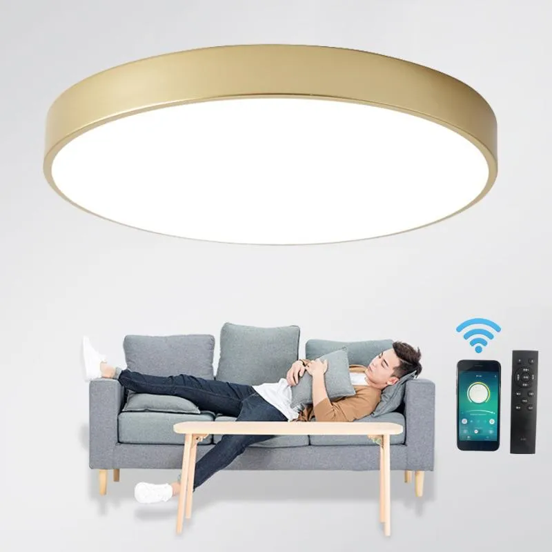 Taklampor Ultra-tunna 5cm Guld LED Light Modern Round Surface Mount Spolpanel Lampa Fjärrkontroll för foajé sovrum