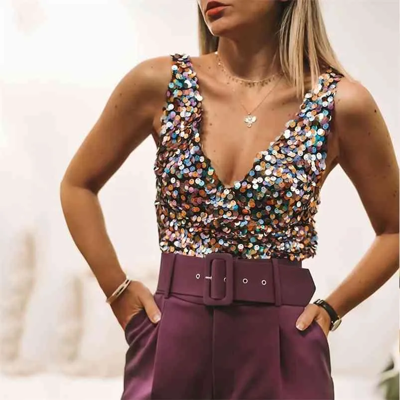 Färgglada Sequin Blouse Shirt Sexig Club Camis Tank V Neck Crop Top Short Tops Shirts Summer 210427