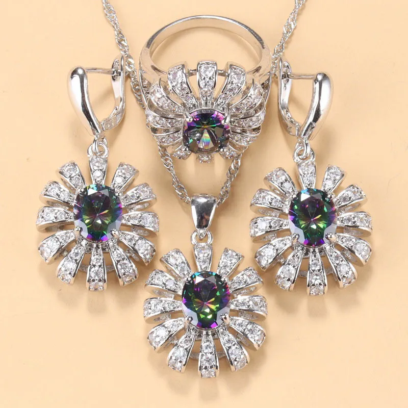 2021 designer jóias conjuntos de prata aaa + arco-íris brincos de pedra anel para mulheres moda fantasia nupcial casamento