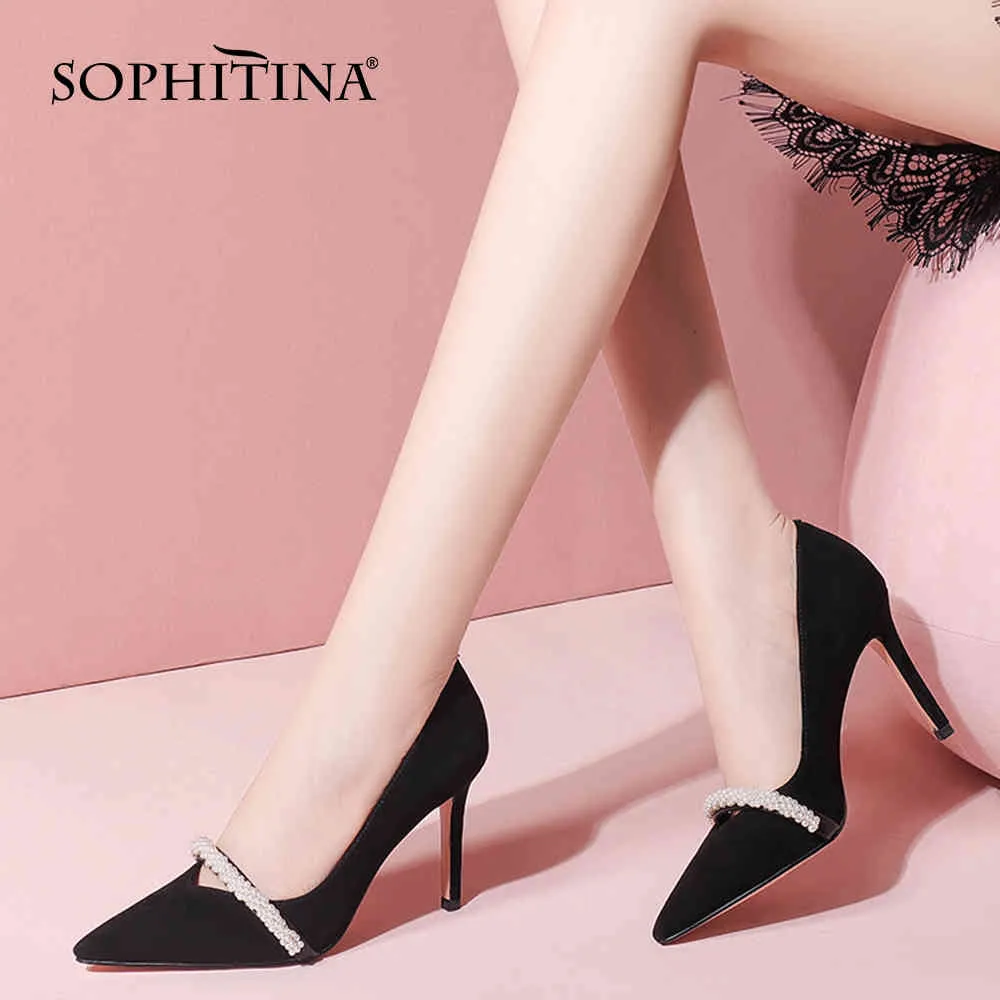 Sopina Matyre Style Sexiga Pumpar Kvinna Grunt Sträng Bead Pearl Pekad Toe Suede Hög Tunna Heel Dress Shoes PO1081 210513