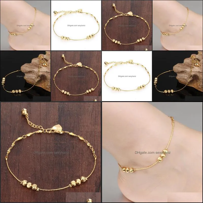 Anklets Lucky Beads Anklet Bracelet For Girls/women Yellow Gold Filled Heart Shaped Bell Foot Chain Fine Jewelry