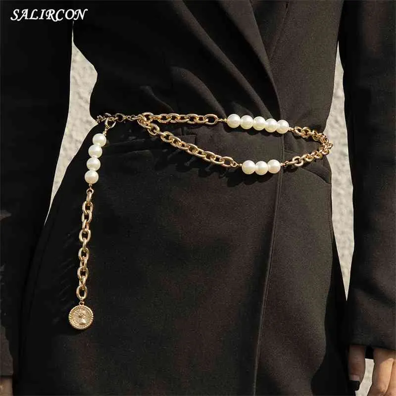 Salircon imitation pearl link s midja för kvinnor sexig mynt hänge kedja bälte kropp dekoration mode smycken 2021