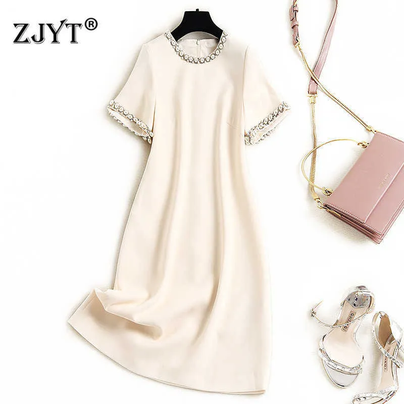 Summer Designers Short Sleeve Women Solid Luxury Beading Dress Elegant Casual Knee Length Party Office Robe Femme 210601