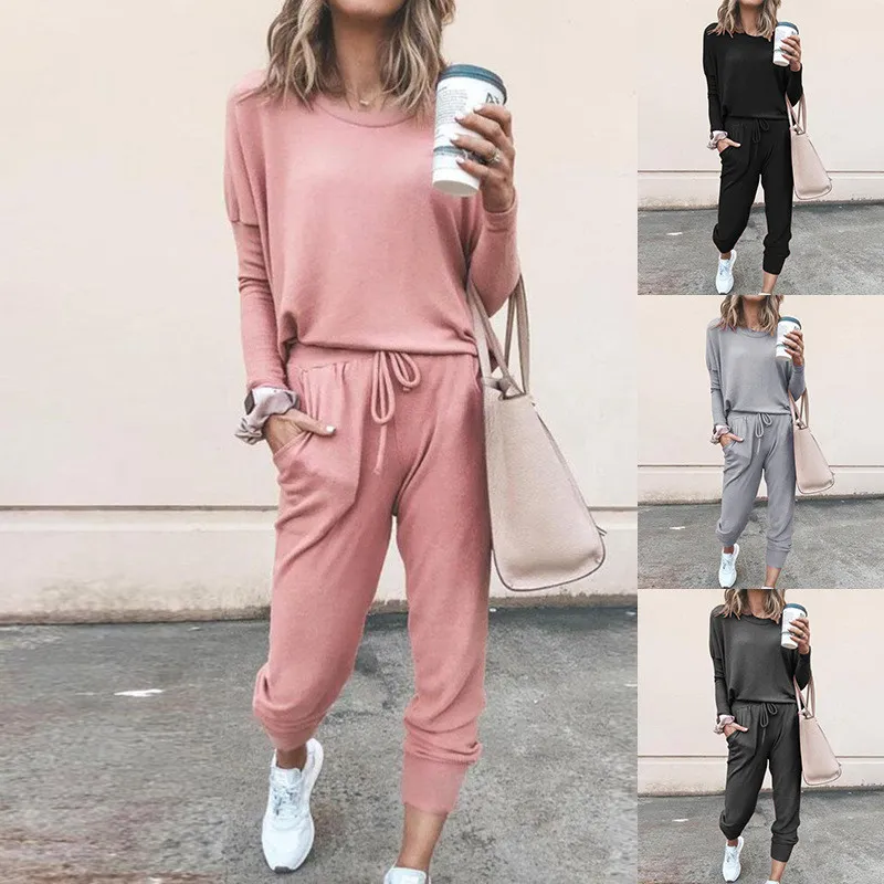 Frühling 2 Peice Set Frauen Elegante Hosen Sets Weibliche Casual Outfits Jogger Zwei Stück Set Sport Anzug Schwarz Baumwolle Trainingsanzug MY1721 X0428