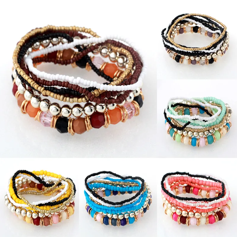 S2330 Braccialetti di perline in resina con fili di gioielli di moda bohémien Braccialetti con ciondoli in rilievo colorati multistrato