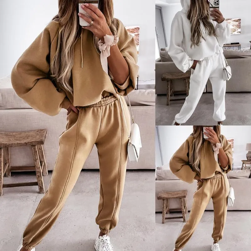 Tvådelade byxor för kvinnor 2 outfits Casual långärmad tröja med huva massivt loungeset