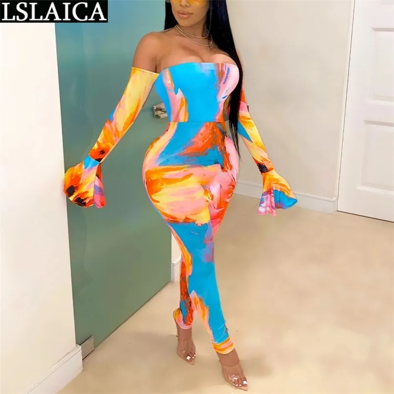 Outfit Women Club Outfits Plus Storlek Jumpsuits Tie Dye Print Flare Sleeve Strapless Womens Fashion Body Suit Höst 210515