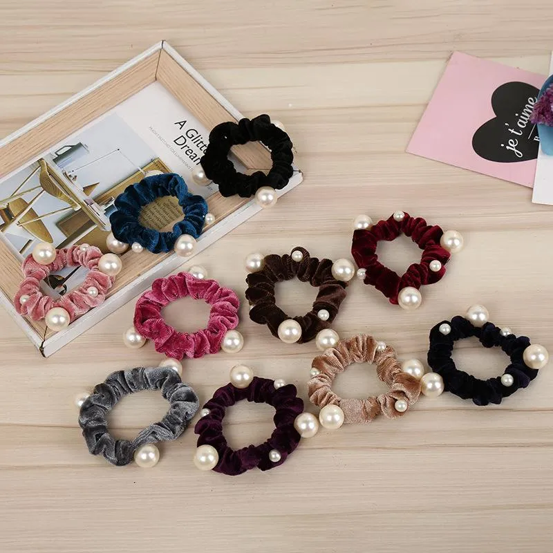 2021 Flickor Färger Velvet Pearl Elastic Hair Ropes Scrunchies Girls 'No Crease Slipsar Kvinnor Huvudtillbehör