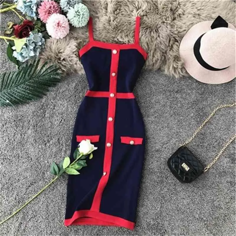 women's fashion retro elegant single breasted patchwork spaghetti strap knitted pencil color block short school girl beach dress boho