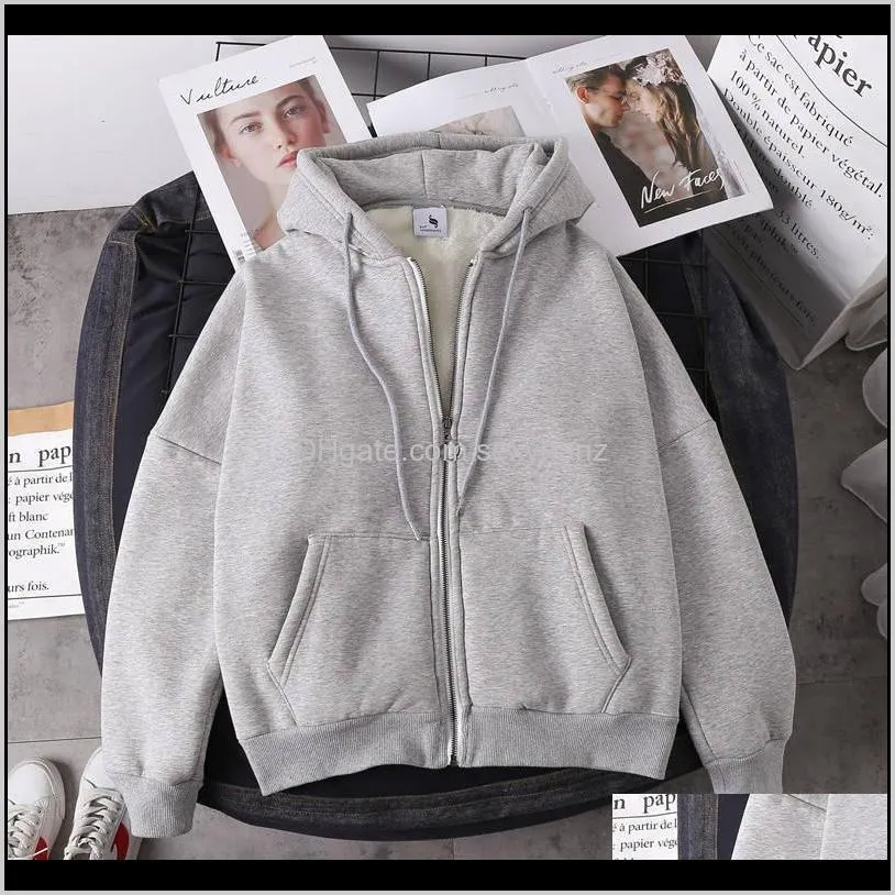 women winter harajuku hoodies coat causal basic warm pockets solid grey black sweatshirt female hooded outerwear plus size women`s &