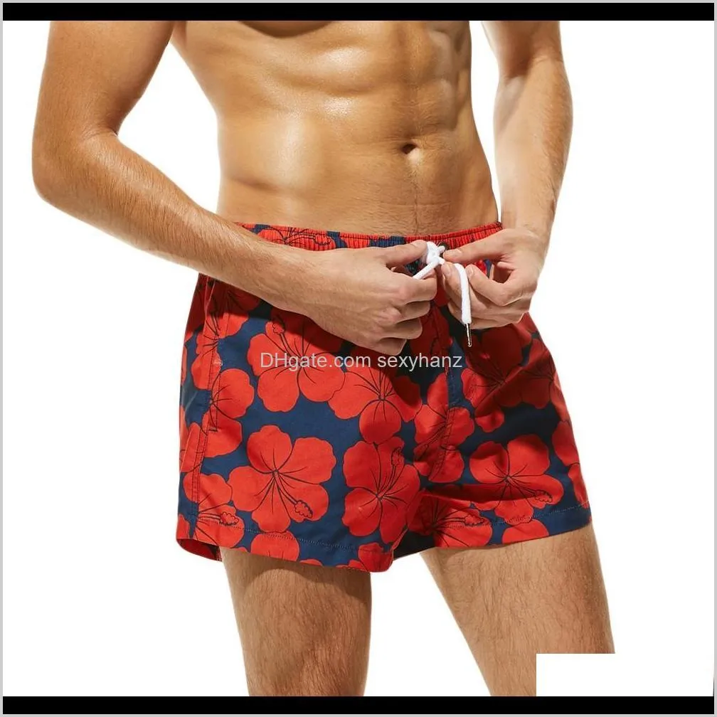 men breathable swim pants swimwear shorts slim wear briefs flower print green beach shorts size s-xl