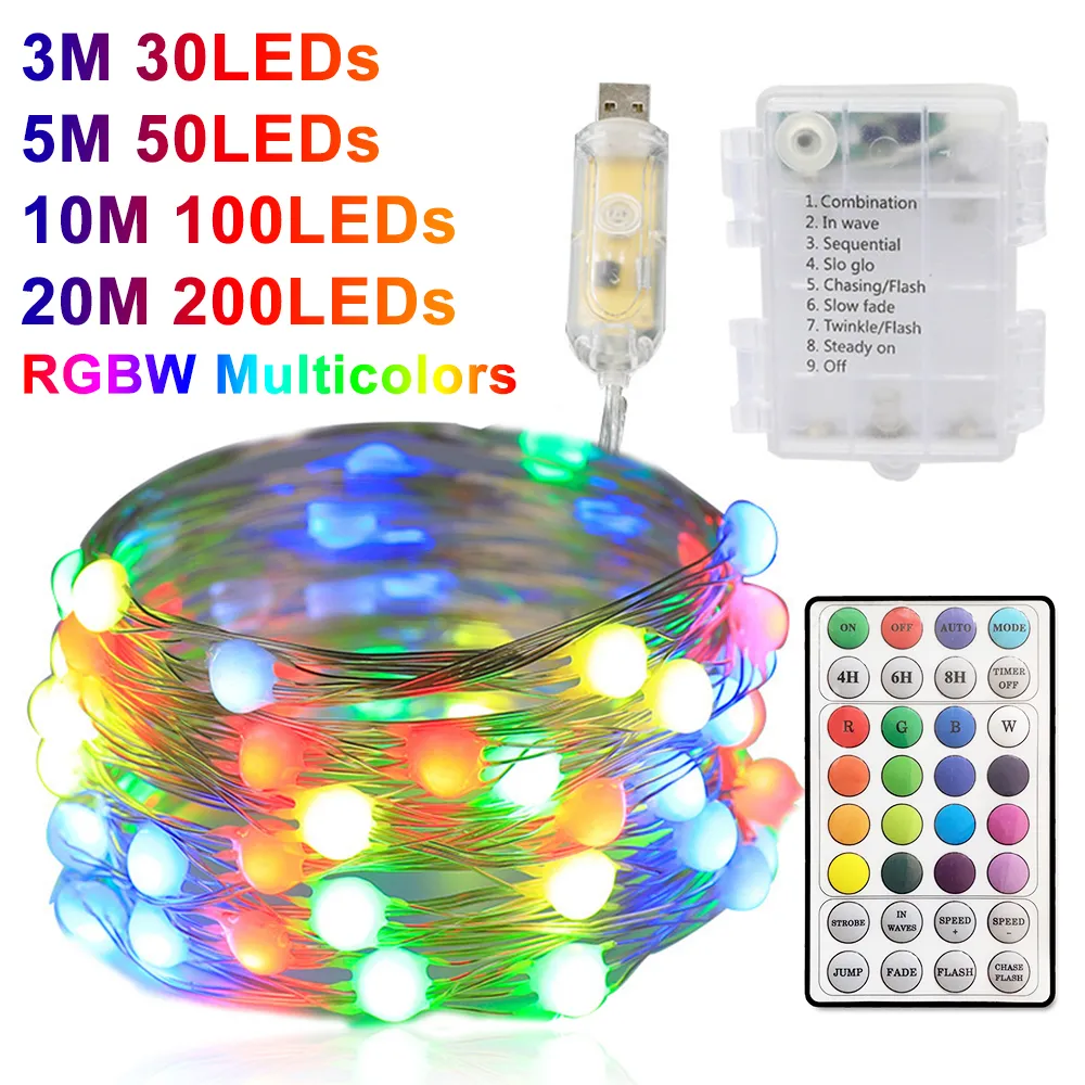 RGB LEDの銅線ライトRGBW LEDSAIRY String Lights 2022新しいクリスマスツリーの装飾照明3-20M USBリモートコントロール照明