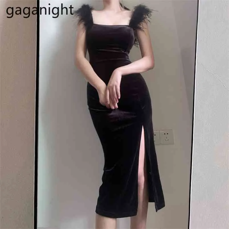 Zwarte veren fluwelen vrouwen midi bodycon jurk sexy gespleten mouwloze avond feestjurken lente zomer vestidos 210601