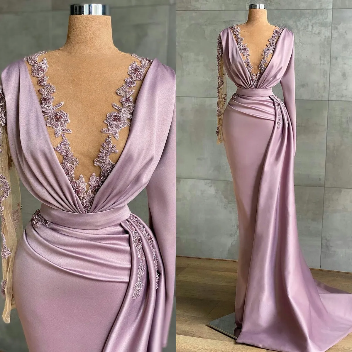 2022 Lavender Evening Gowns Sheer Jewel Neck Beaded Mermaid Prom Dresses Party Wear Long Sleeve Women Formal Dress