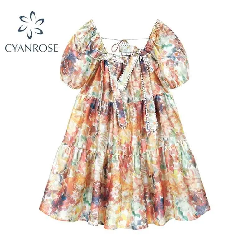 Vintage floral estampado arco vestido con cordones para mujeres verano coreano cuadrado collar sin espalda vestido de bola corto vestidos femeninos 210515